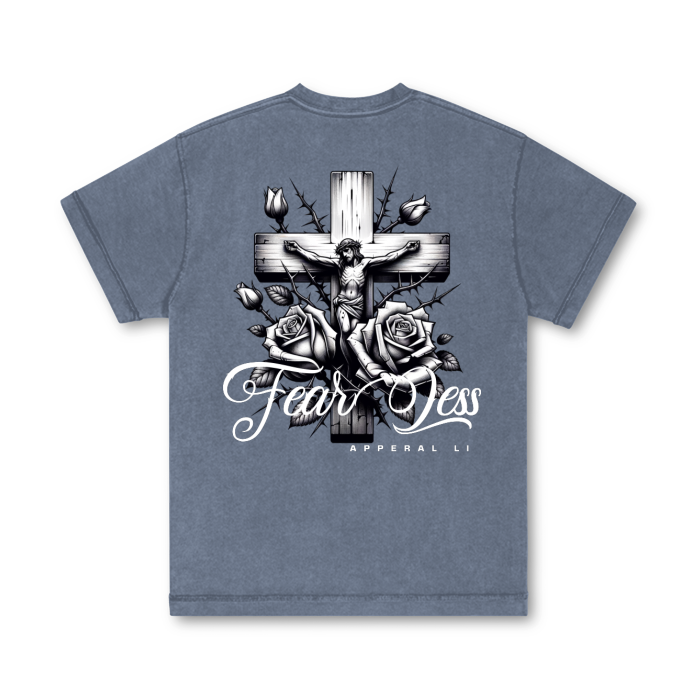 FearLessli Apperal Unisex Top Stitching Stone Wash T-Shirt with cross and rose design.