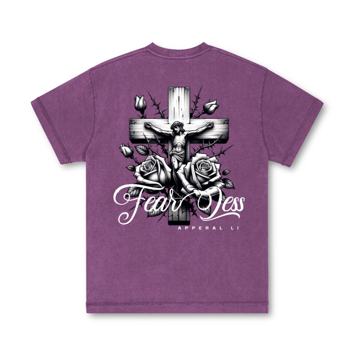 FearLessli Apperal unisex top stitching stone wash t-shirt with bold cross and rose design.