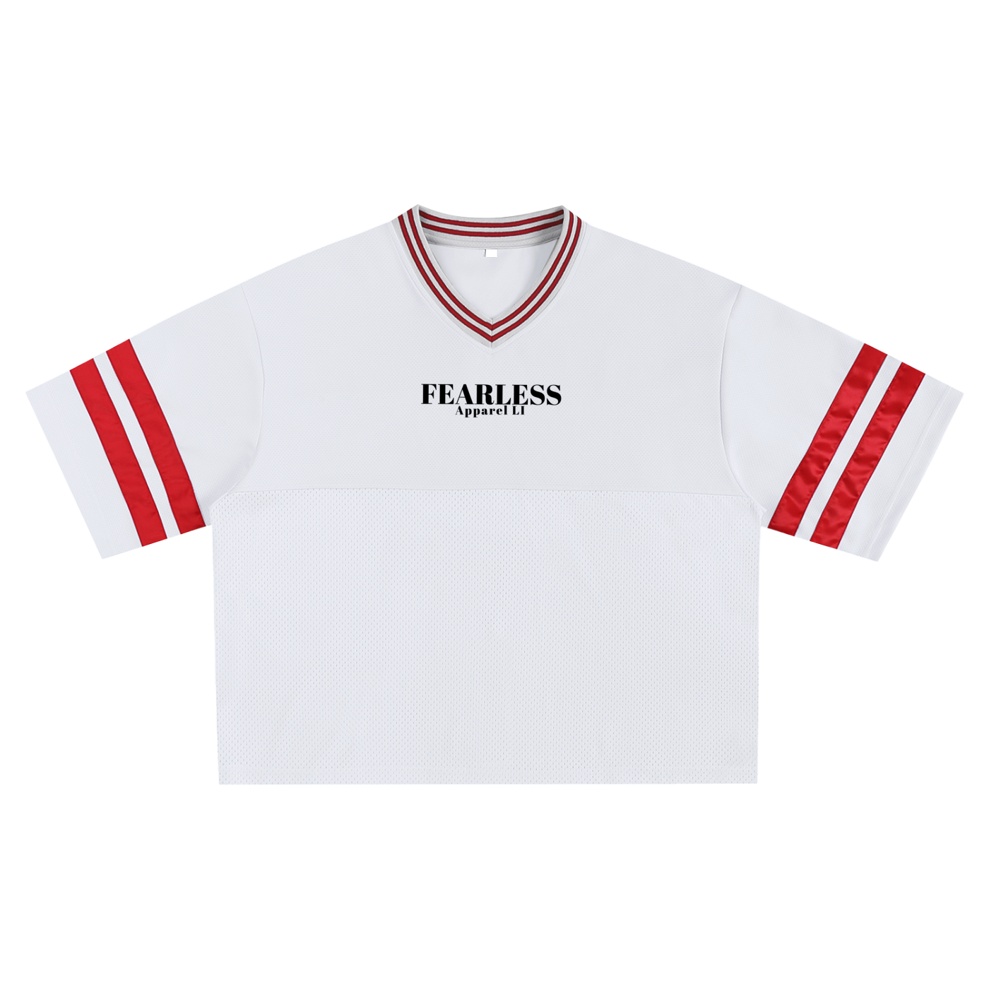 Unisex Fearless Apparel Taped Mesh Boxy T-shirt, sporty streetwear, white with red accents, short sleeves, V-neck.