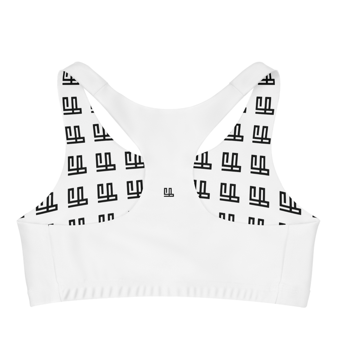 Seamless white sports bra with black geometric pattern, medium support, moisture-wicking fabric.