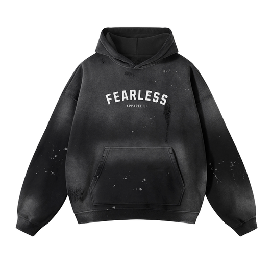 FearLessLi Vintage Wash Frayed Fleece Hoodie with bold design.