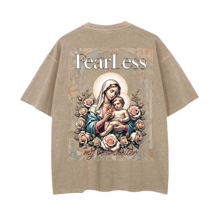 FearLessLI Mother Mary vintage wash drop shoulder T-shirt with iconic design.