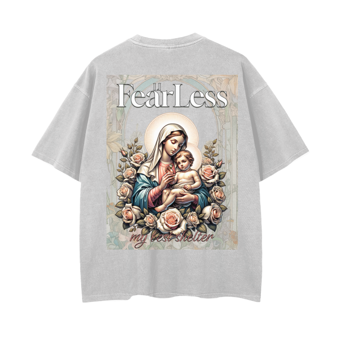 FearLessLI Mother Mary Vintage Wash Drop Shoulder T-Shirt featuring devotional artwork with rose accents.