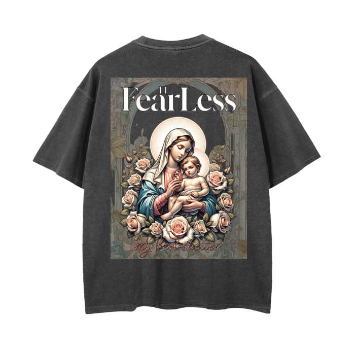 FearLessLI Mother Mary Vintage Wash Drop Shoulder T-Shirt with floral design.