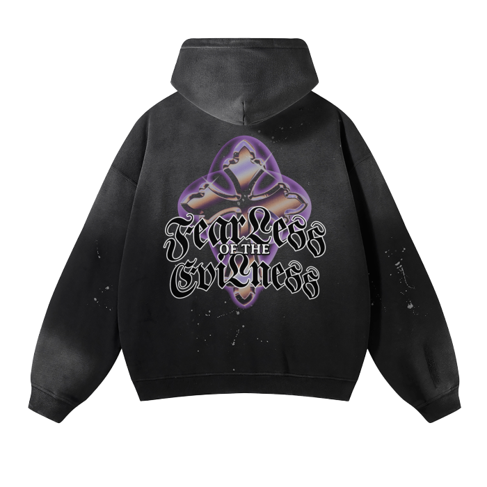 FearLessLi Vintage Wash Frayed Fleece Hoodie with bold design and frayed edges.