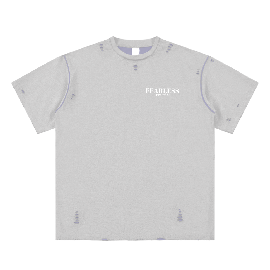 Hand-frayed reversible unisex t-shirt with distressed style and Fearless Apparel branding.