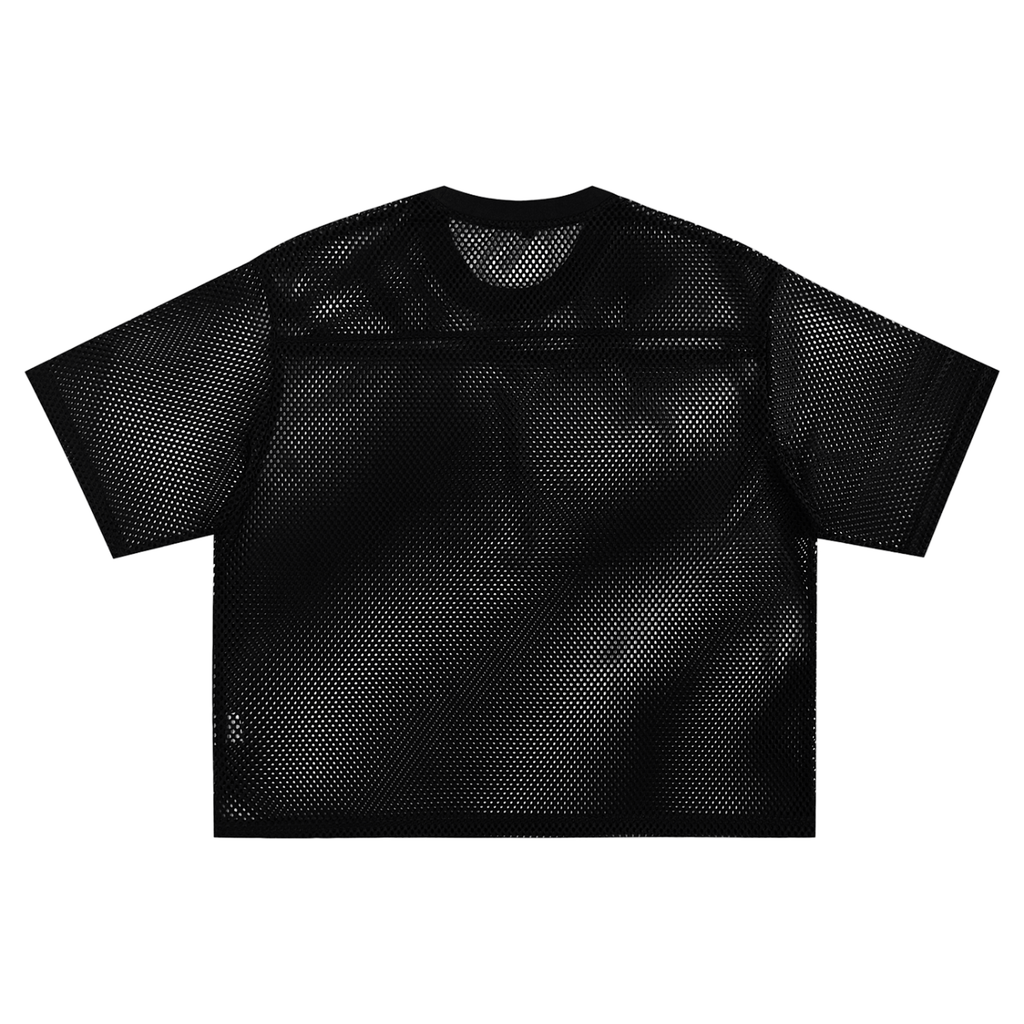 Unisex Fearless Apparel Line taped mesh boxy t-shirt, black, short sleeves, streetwear style.