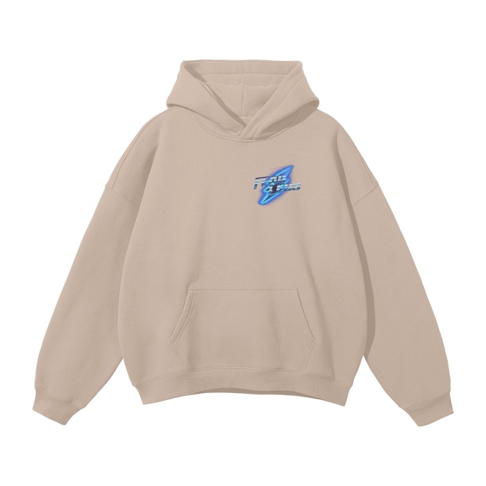 Unisex oversized fleece hoodie in solid color with front pouch and logo print.