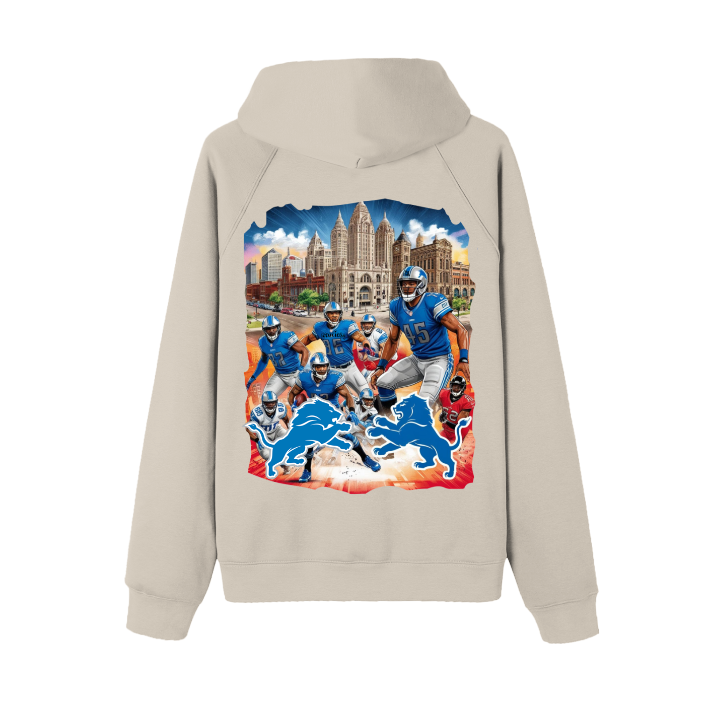 Lions Fearless Apparel Line Raglan Sleeve Hoodie with vibrant cityscape and sports team print.