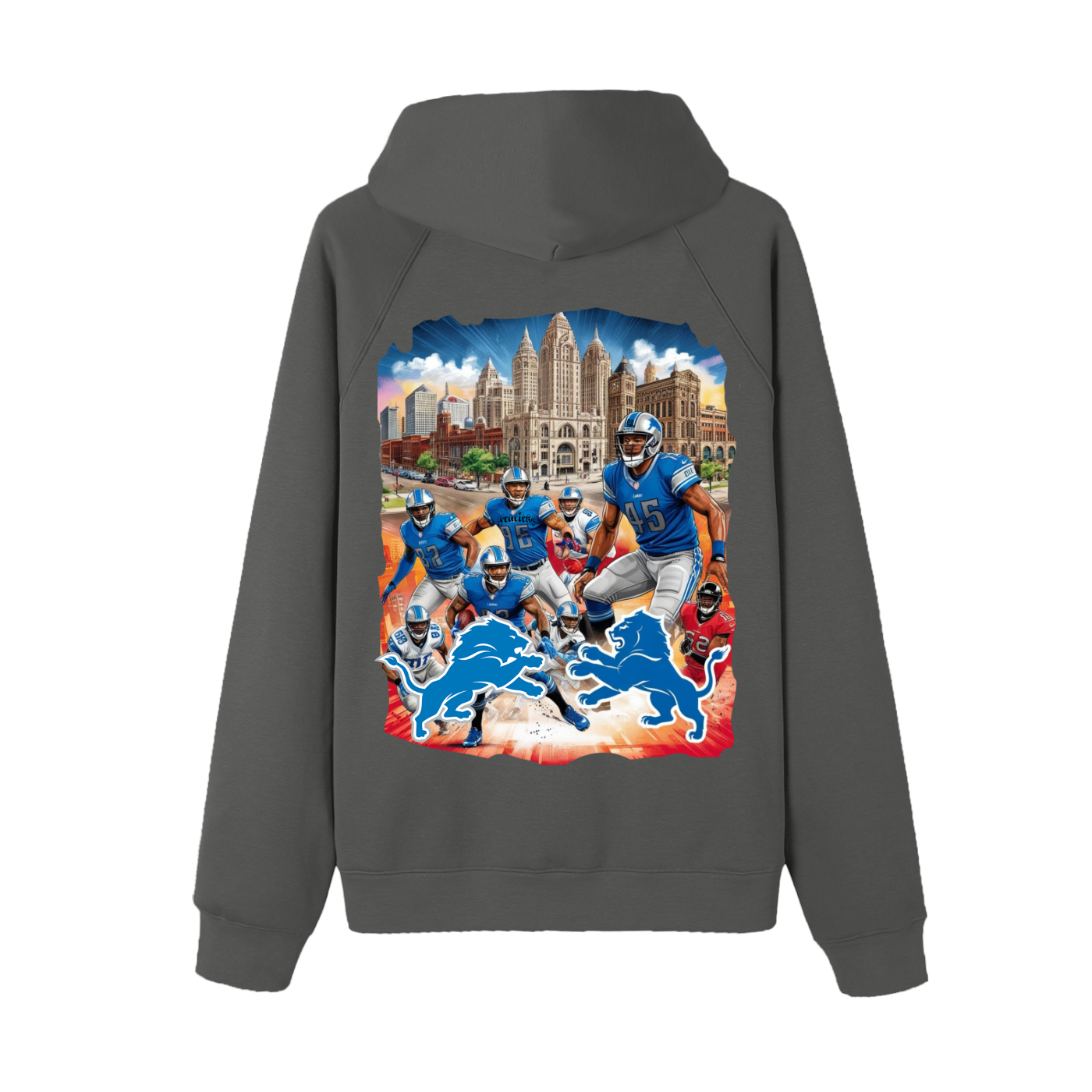 Lions Fearless Apparel Line Raglan Sleeve Hoodie with vibrant sports-themed back print.