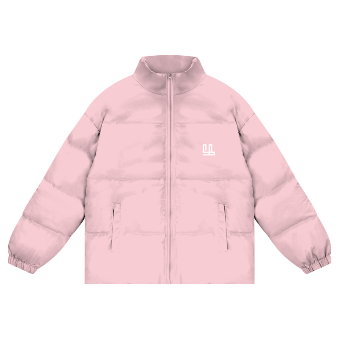 Unisex pink puffer coat, zipper closure, long sleeves, by FearLess Apparel LI.
