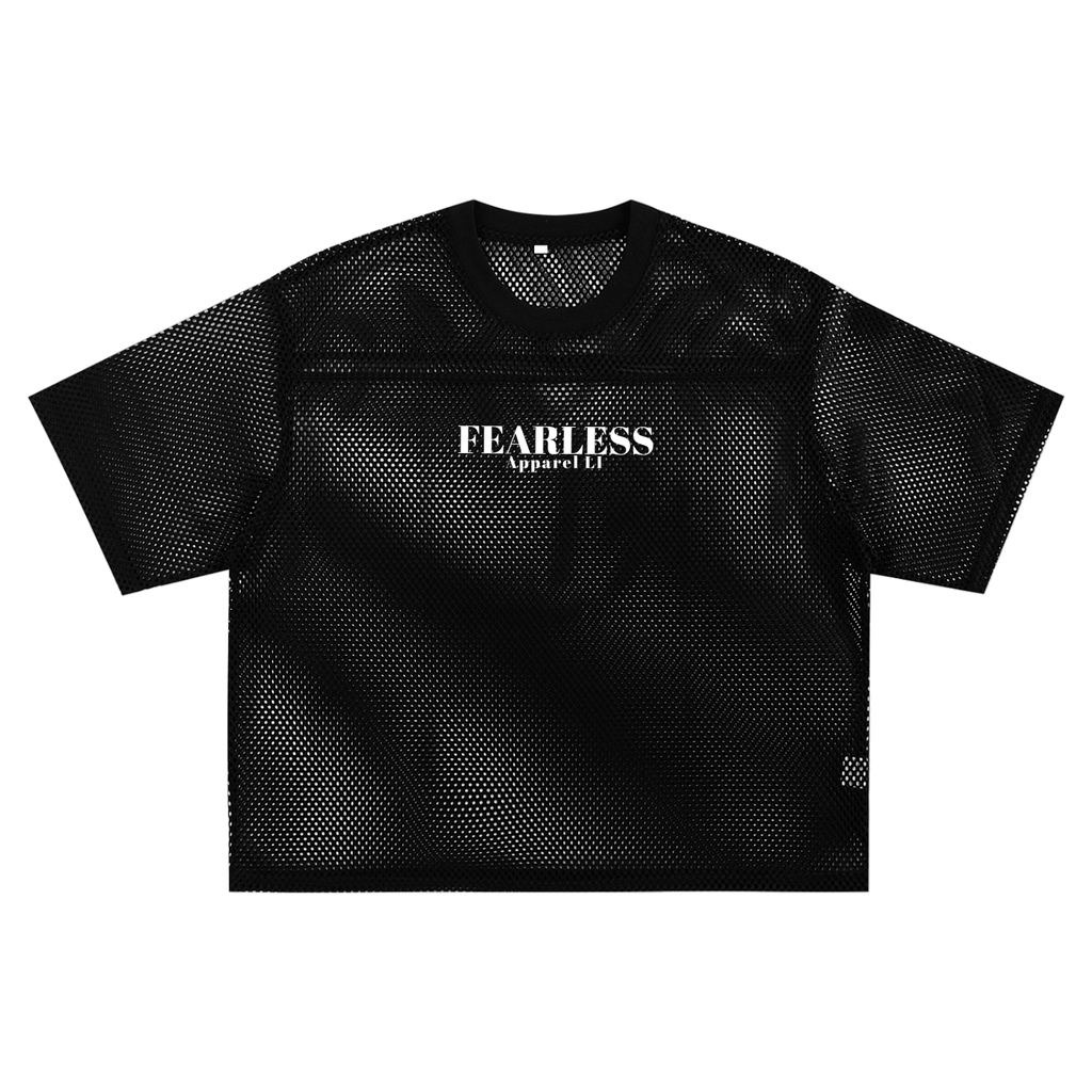Fearless Apparel Line unisex black mesh boxy T-shirt for streetwear.