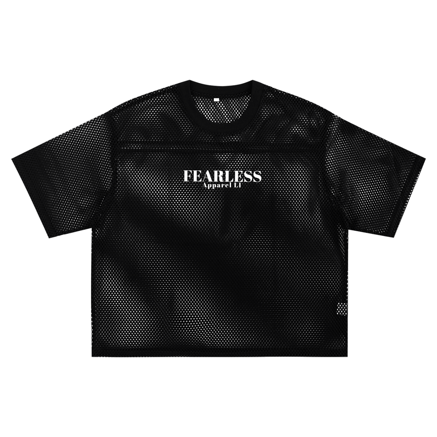 Fearless Apparel Line unisex black mesh boxy T-shirt for streetwear.