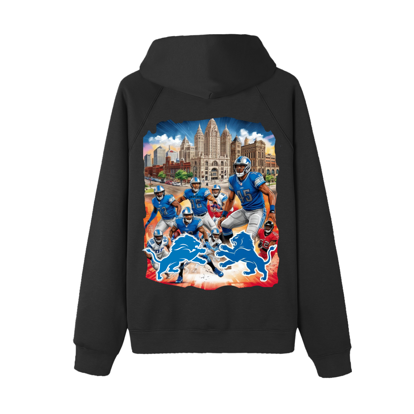 Raglan sleeve hoodie with bold graphic print featuring blue lions and cityscape, unisex design.