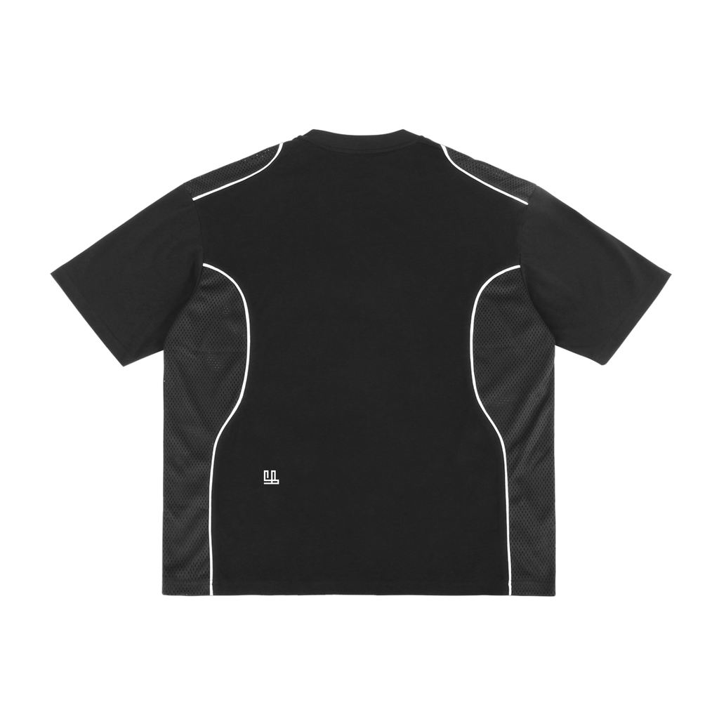 Unisex contrast piped panel t-shirt with loose fit and round neck in black, featuring half sleeves and polyester patchwork, suitable for casual and sporty wear.