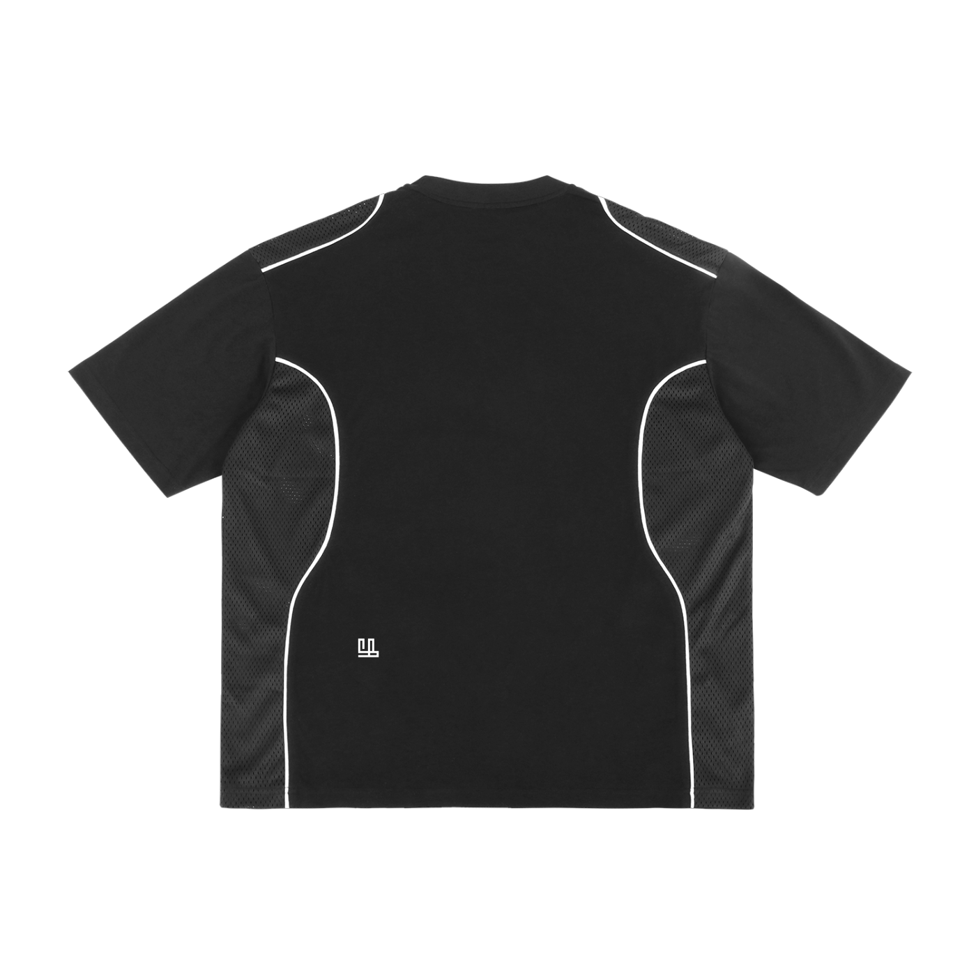 Unisex contrast piped panel t-shirt with loose fit and round neck in black, featuring half sleeves and polyester patchwork, suitable for casual and sporty wear.