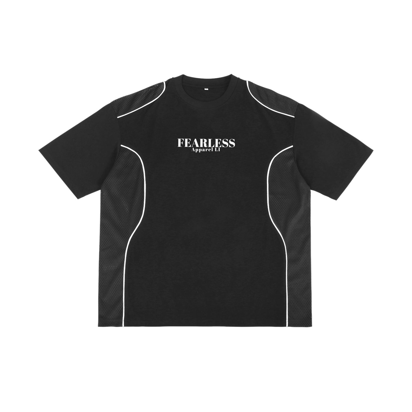 Unisex Fearless Apparel T-shirt with contrast piped panels, loose fit, black color.
