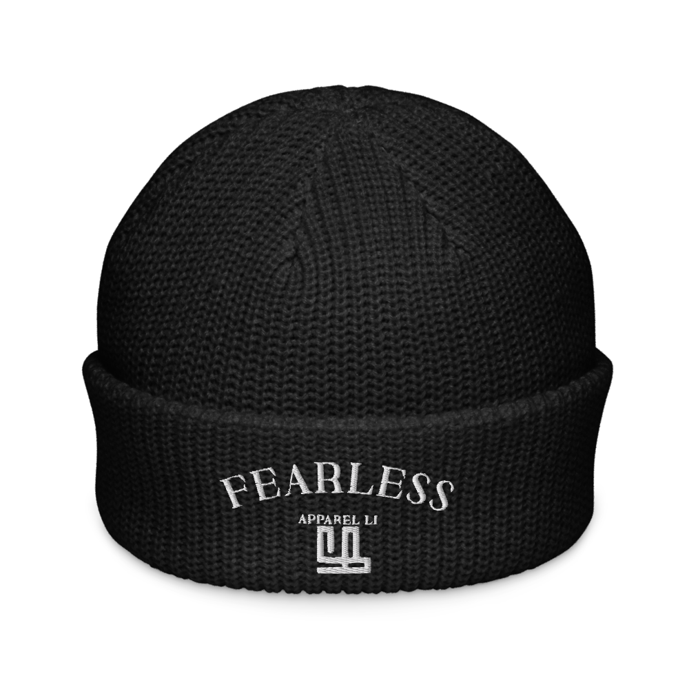 FearLessLi knitted beanie hat in black with embroidered design.