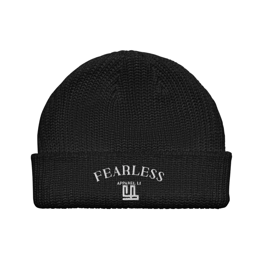 FearLessLi knitted beanie hat with embroidered design in black.