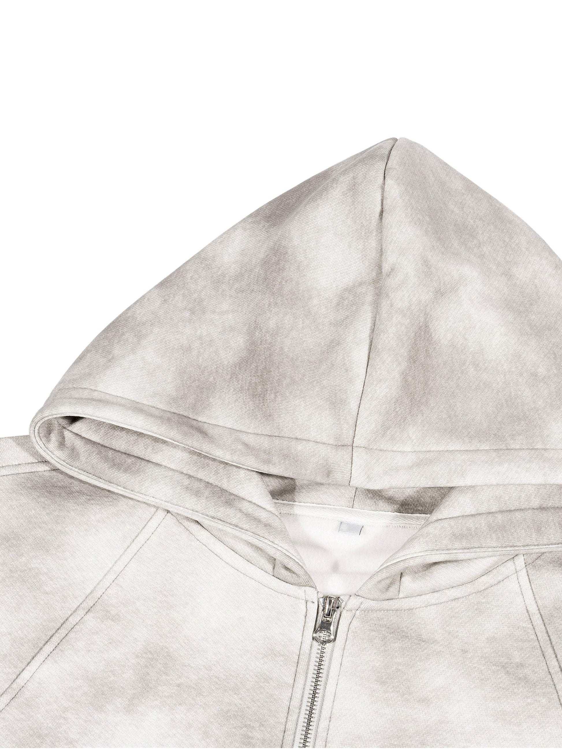 Dirty washed boxy zip-up fleece hoodie in grey with hood detail.