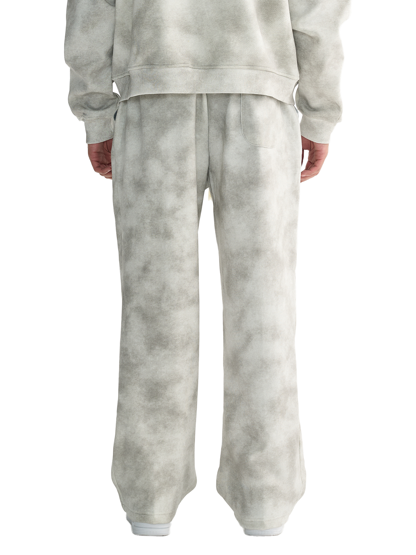 Dirty Washed Fleece Sweatpants in grey, unisex, loose fit, back view.