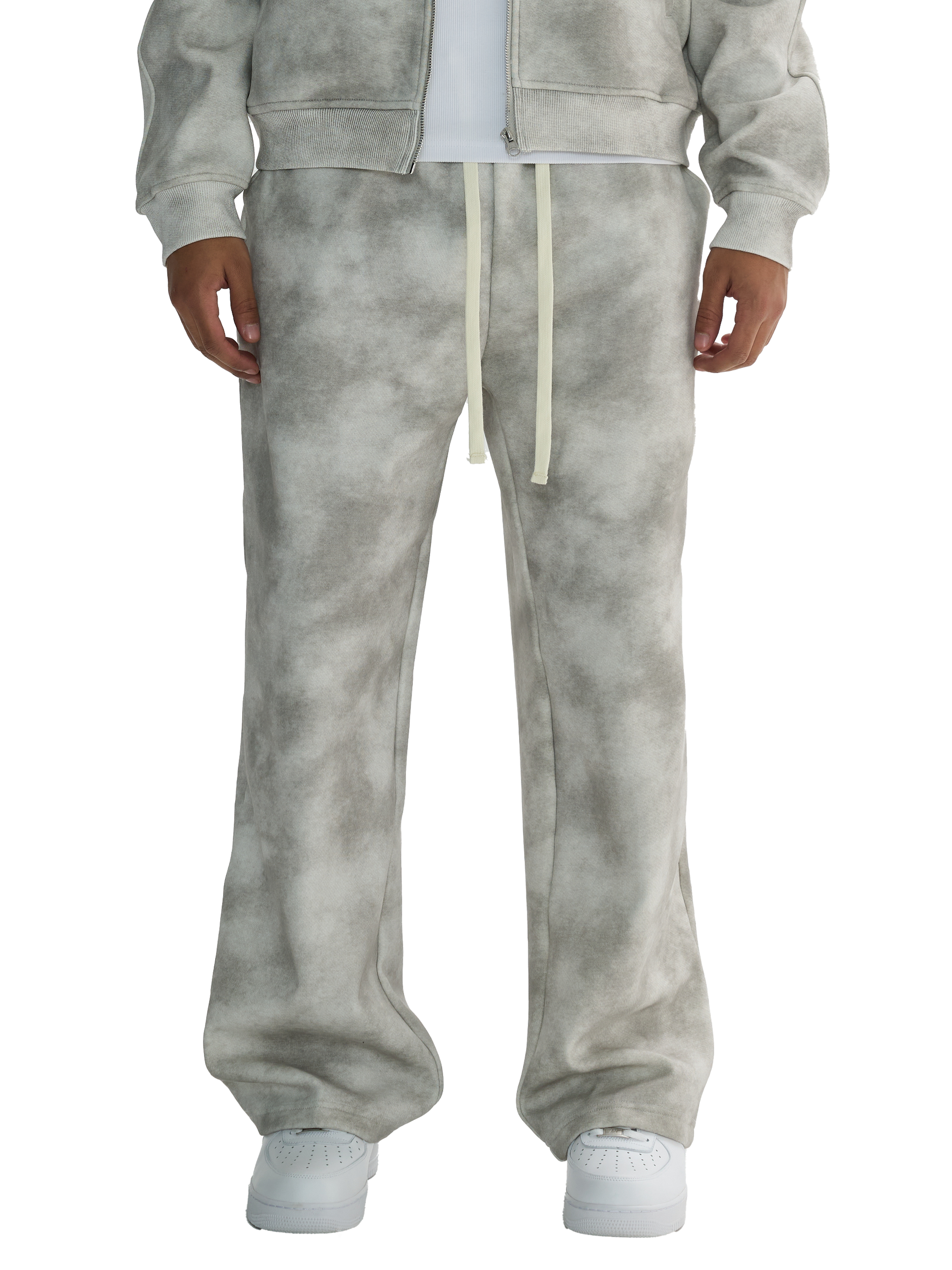 Dirty washed fleece sweatpants in grey with drawstring and relaxed fit.