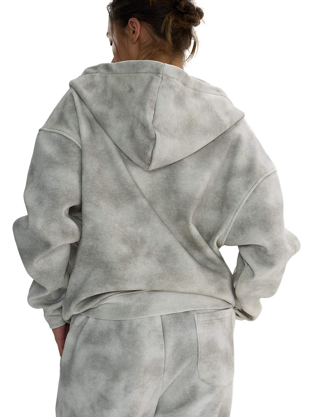 Unisex Dirty Washed Boxy Zip-up Fleece Hoodie in grey, featuring hood and pocket.