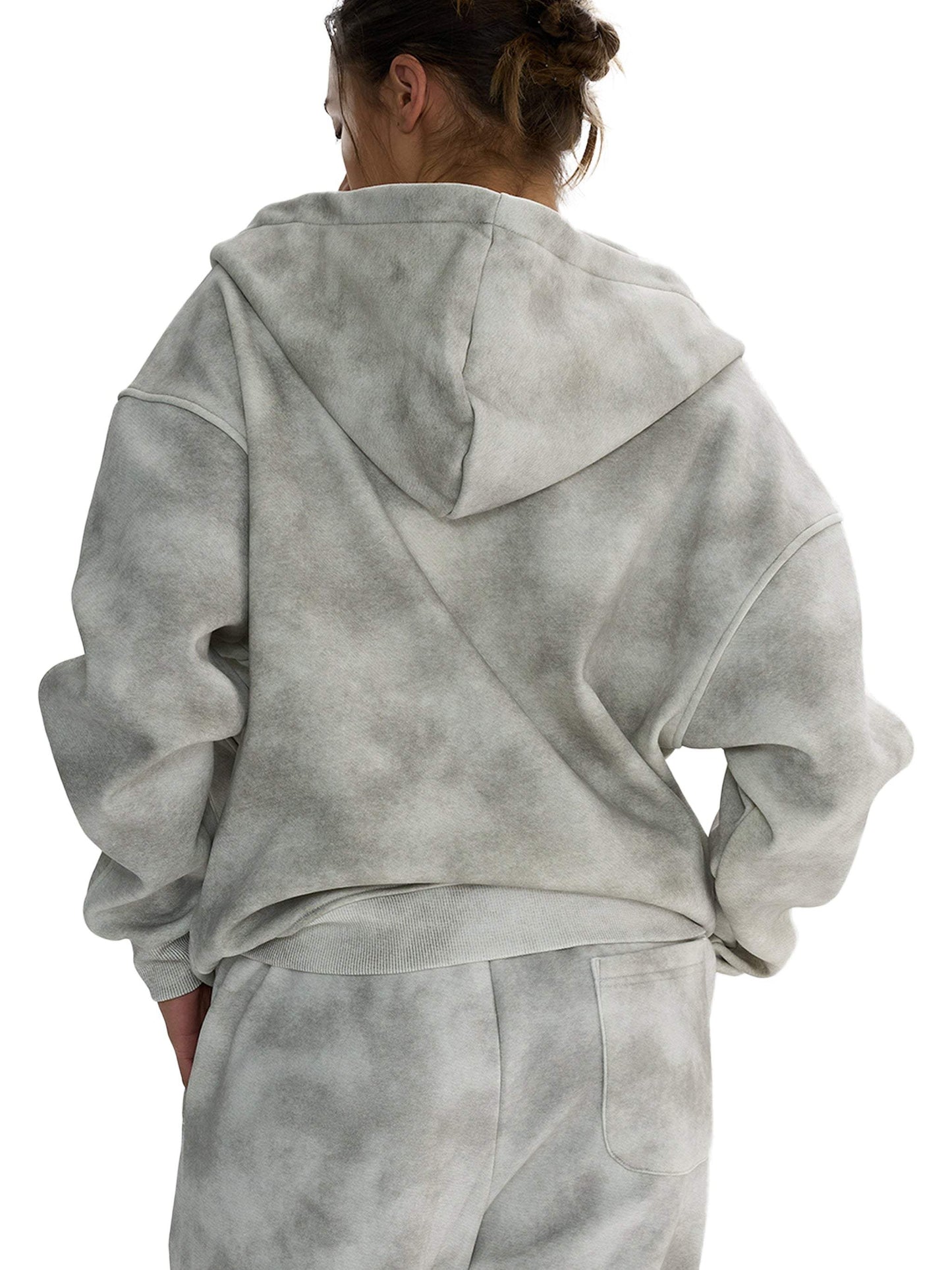 Unisex Dirty Washed Boxy Zip-up Fleece Hoodie in grey, featuring hood and pocket.