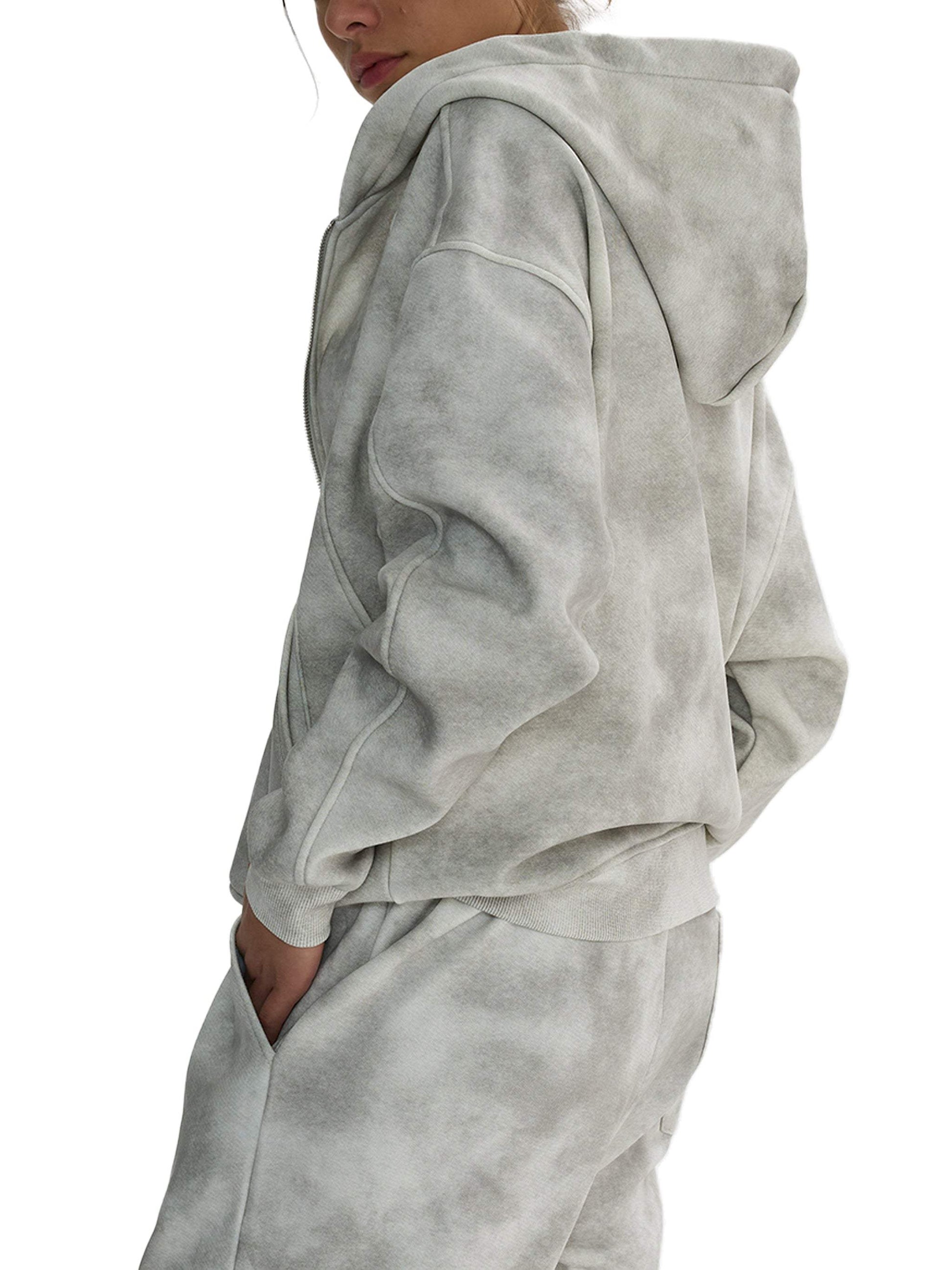 dirty washed boxy zip-up fleece hoodie in grey, unisex design, casual wear