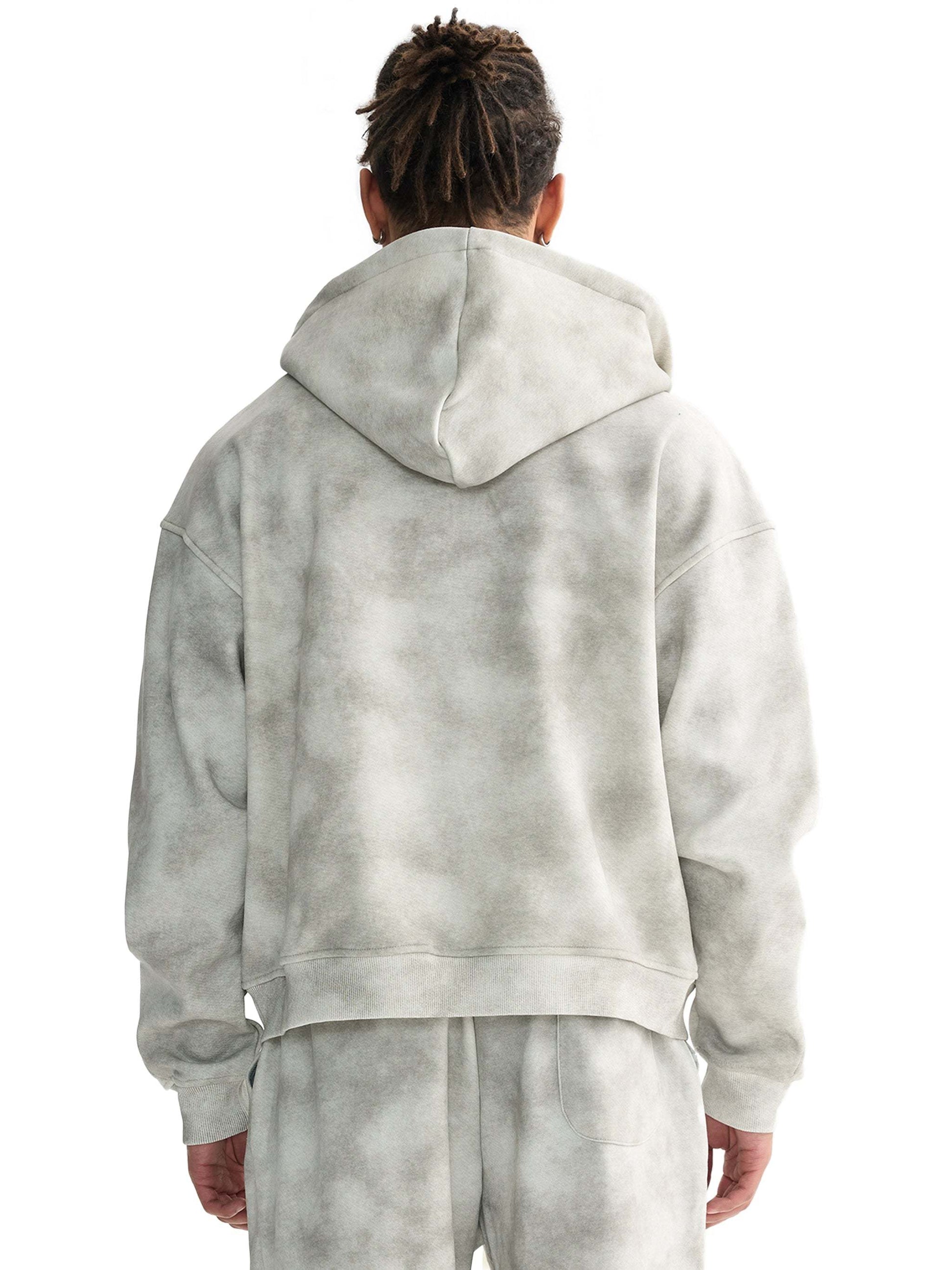 Unisex dirty washed boxy zip-up fleece hoodie in grey, rear view.