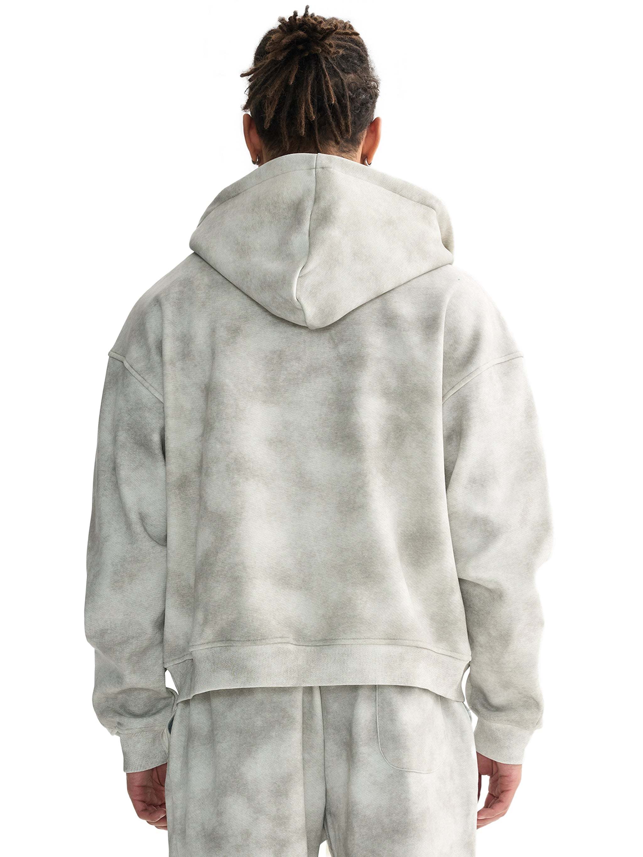 Unisex dirty washed boxy zip-up fleece hoodie in grey, rear view.