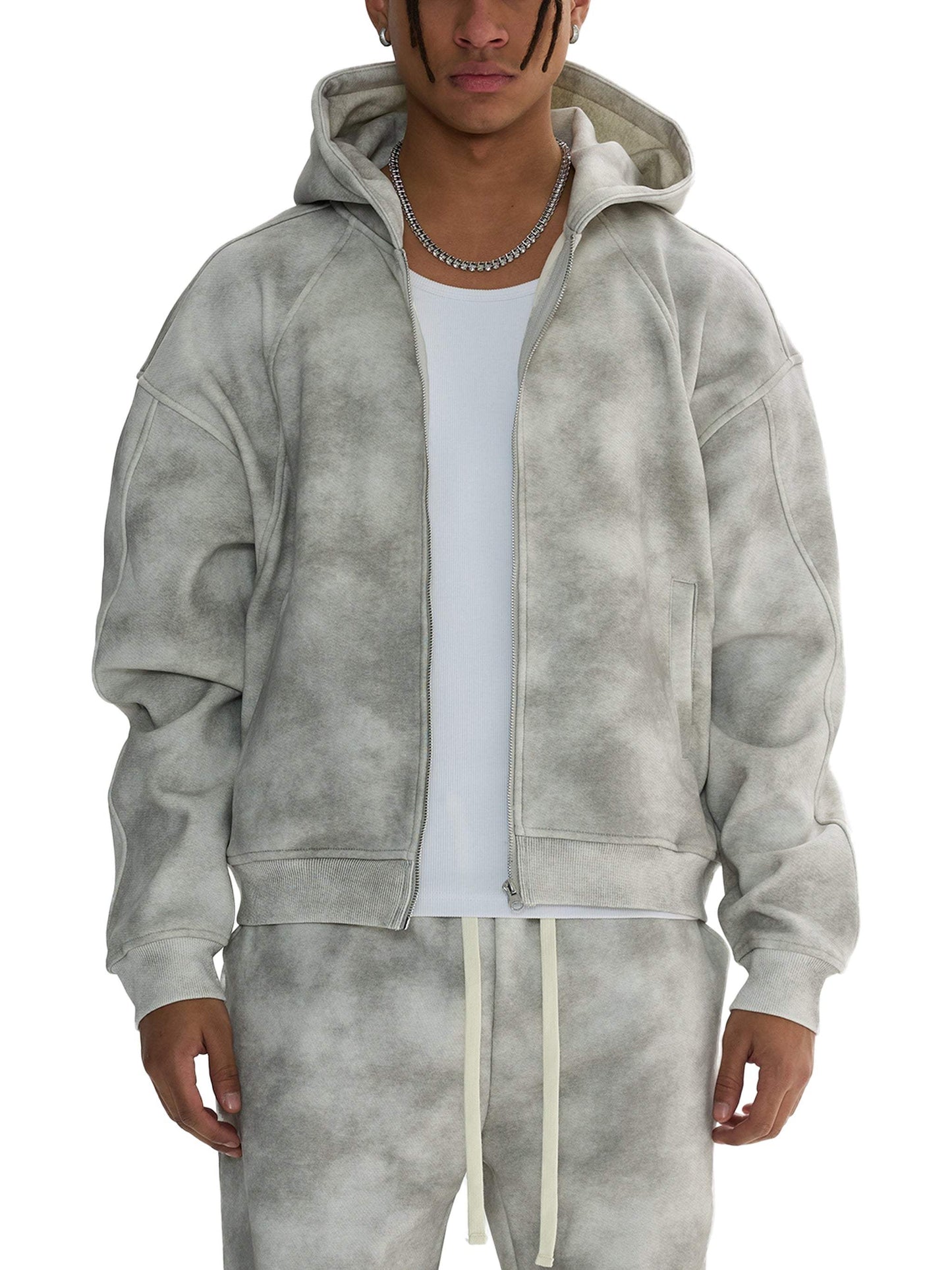 Unisex dirty washed boxy zip-up fleece hoodie in gray color, featuring hood and pocket.