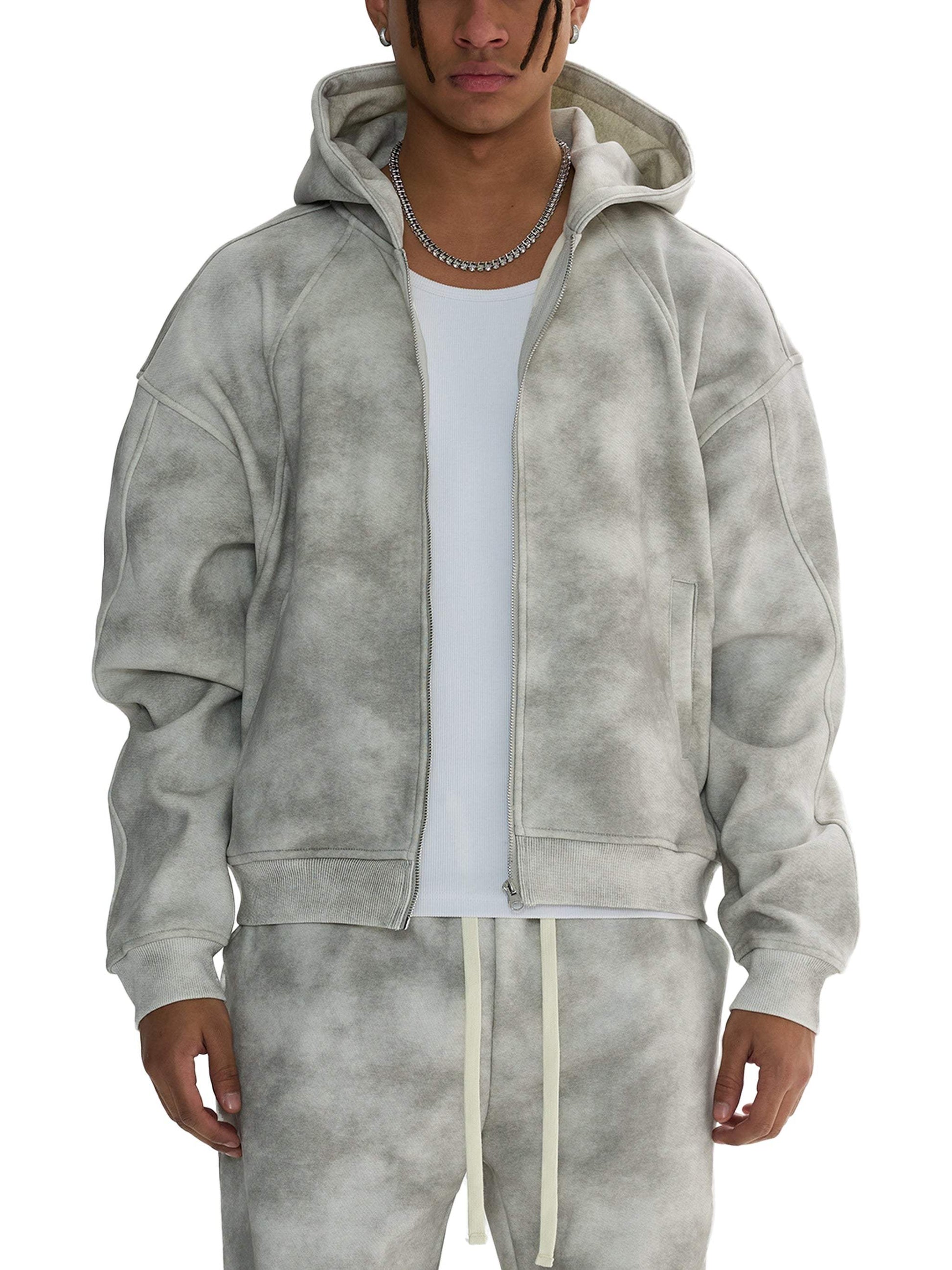 Unisex dirty washed boxy zip-up fleece hoodie in gray color, featuring hood and pocket.