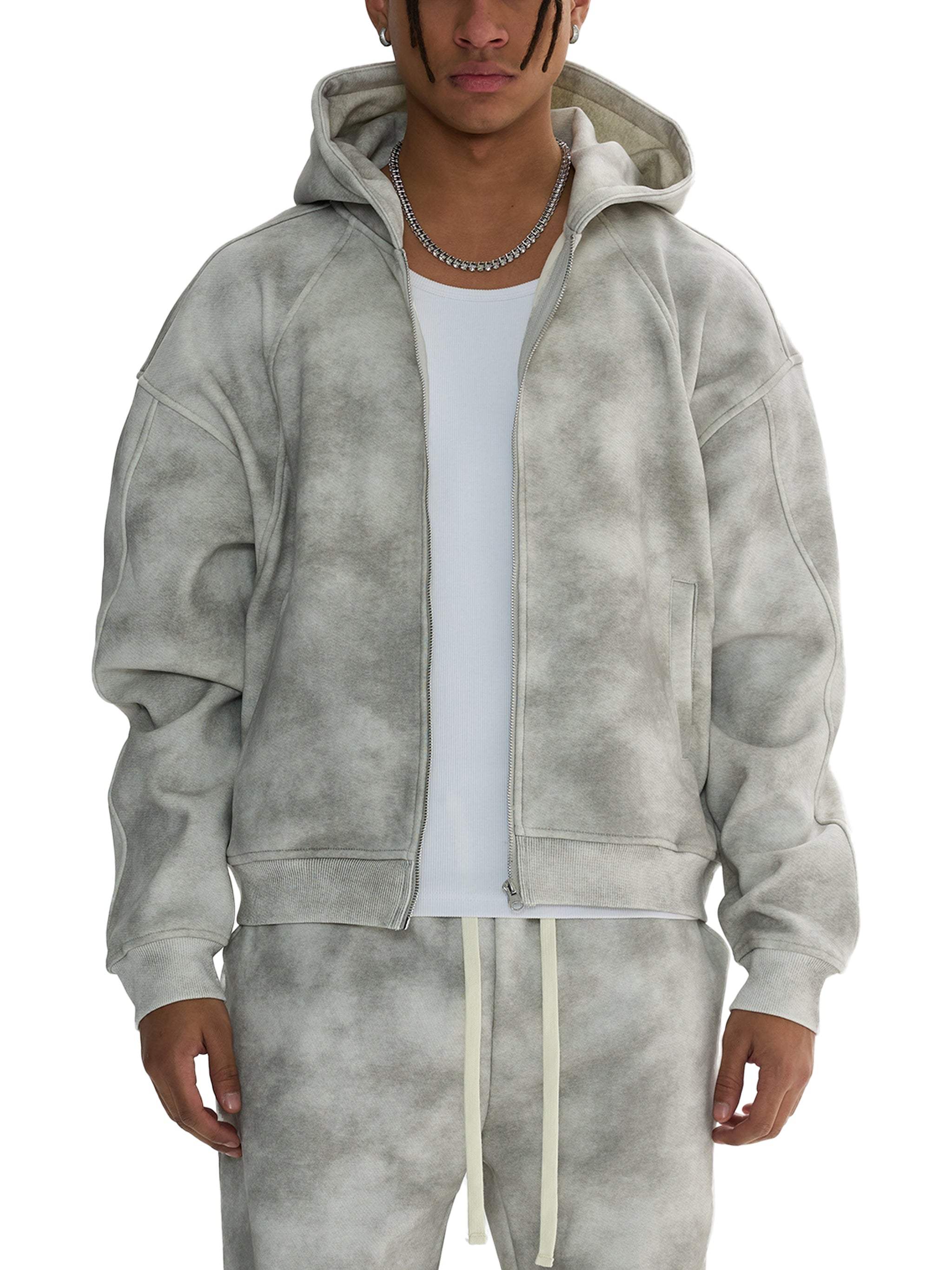 Unisex dirty washed boxy zip-up fleece hoodie in gray color, featuring hood and pocket.
