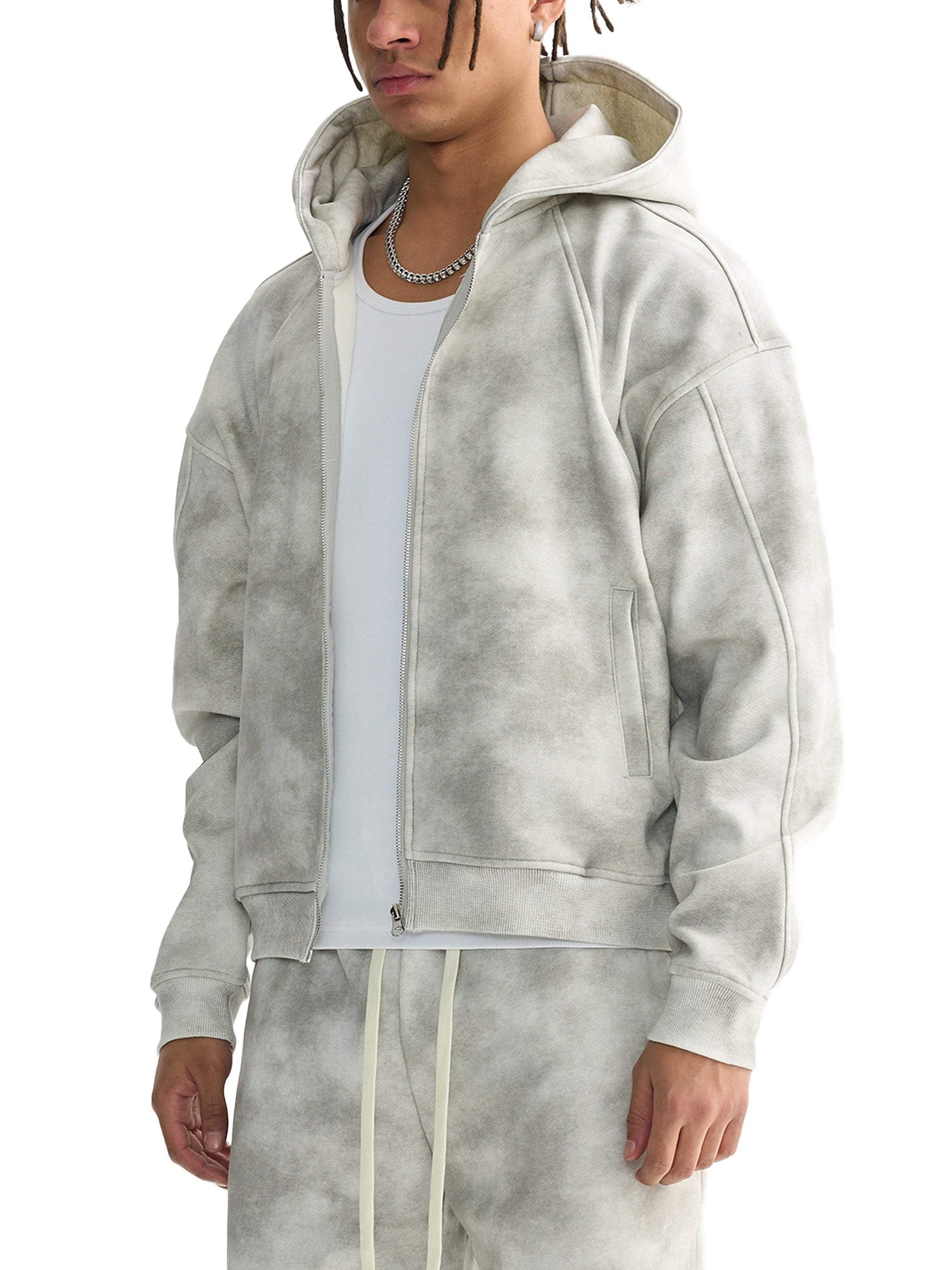 Unisex dirty washed boxy zip-up fleece hoodie in grey, featuring a hood and front pocket.