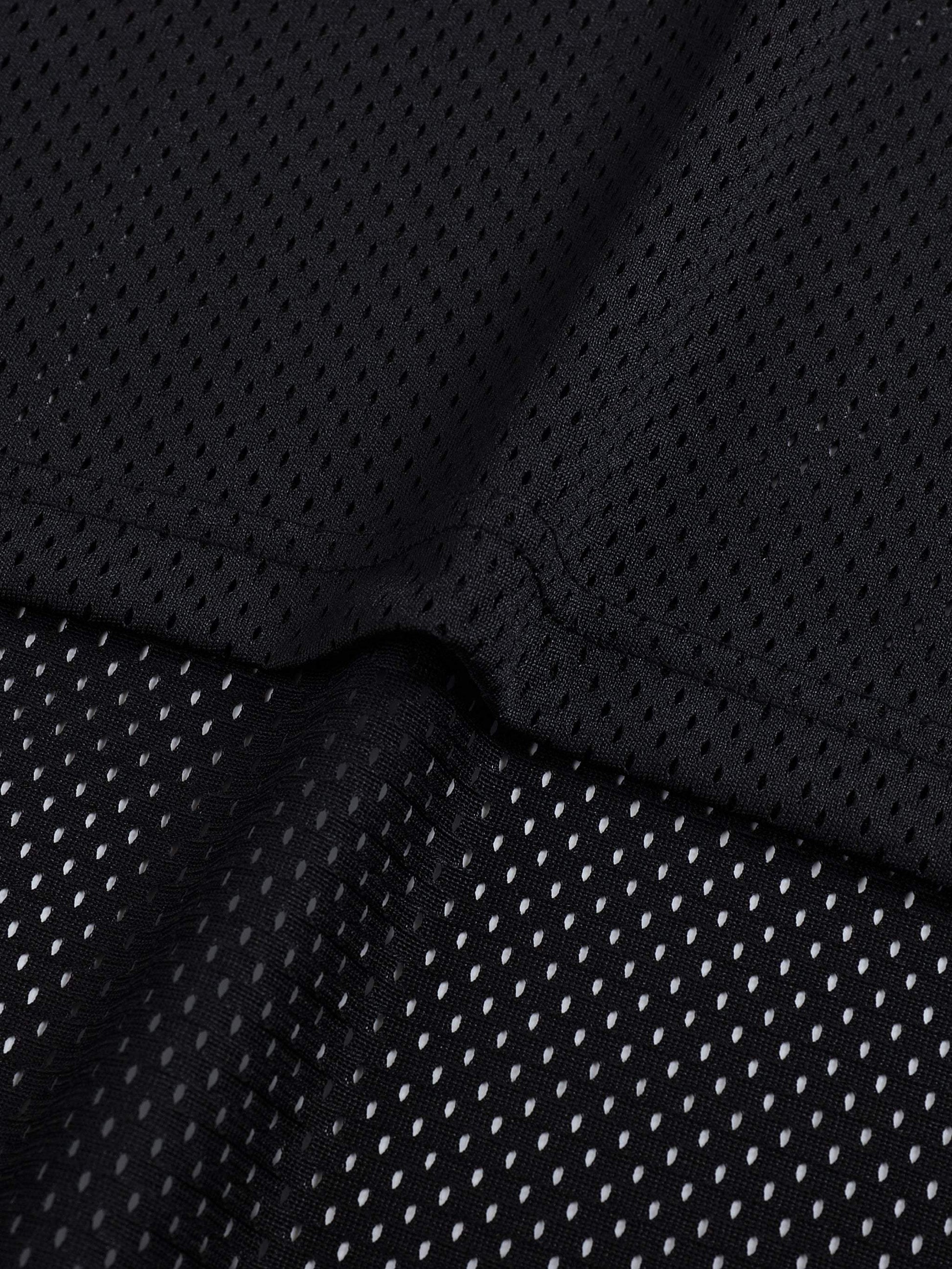 Unisex black mesh fabric of Taped Mesh Boxy T-shirt, featuring breathable polyester material with a sporty and casual design.