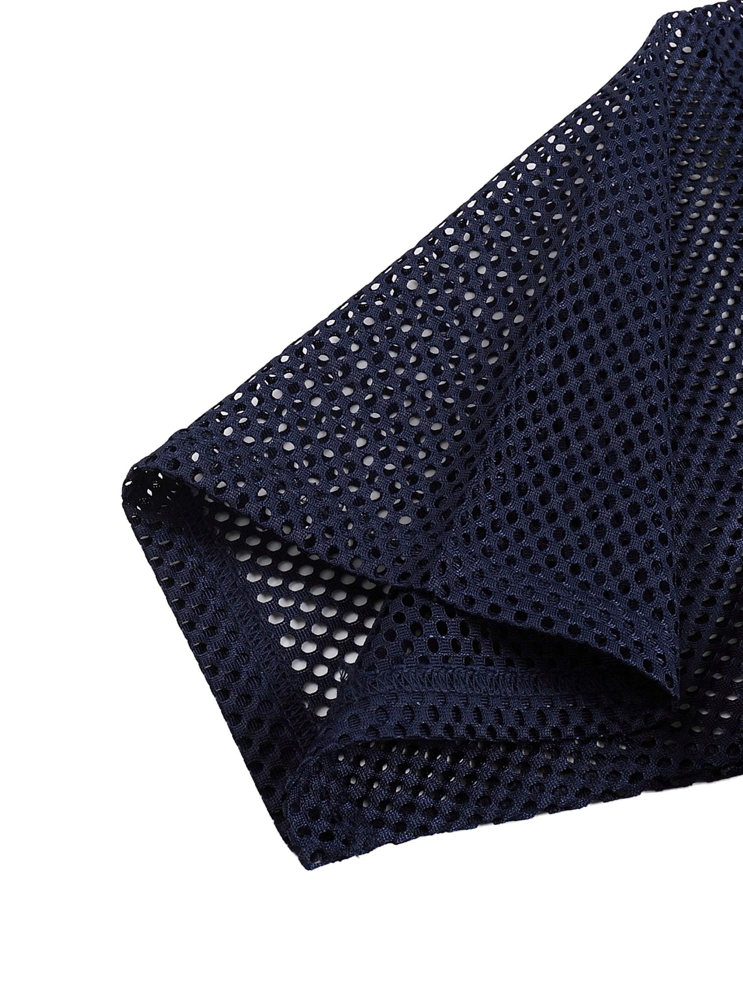 Close-up of the black and blue mesh fabric of the Fearless Apparel Line Taped Mesh Boxy T-shirt, highlighting the breathable design for streetwear fashion.