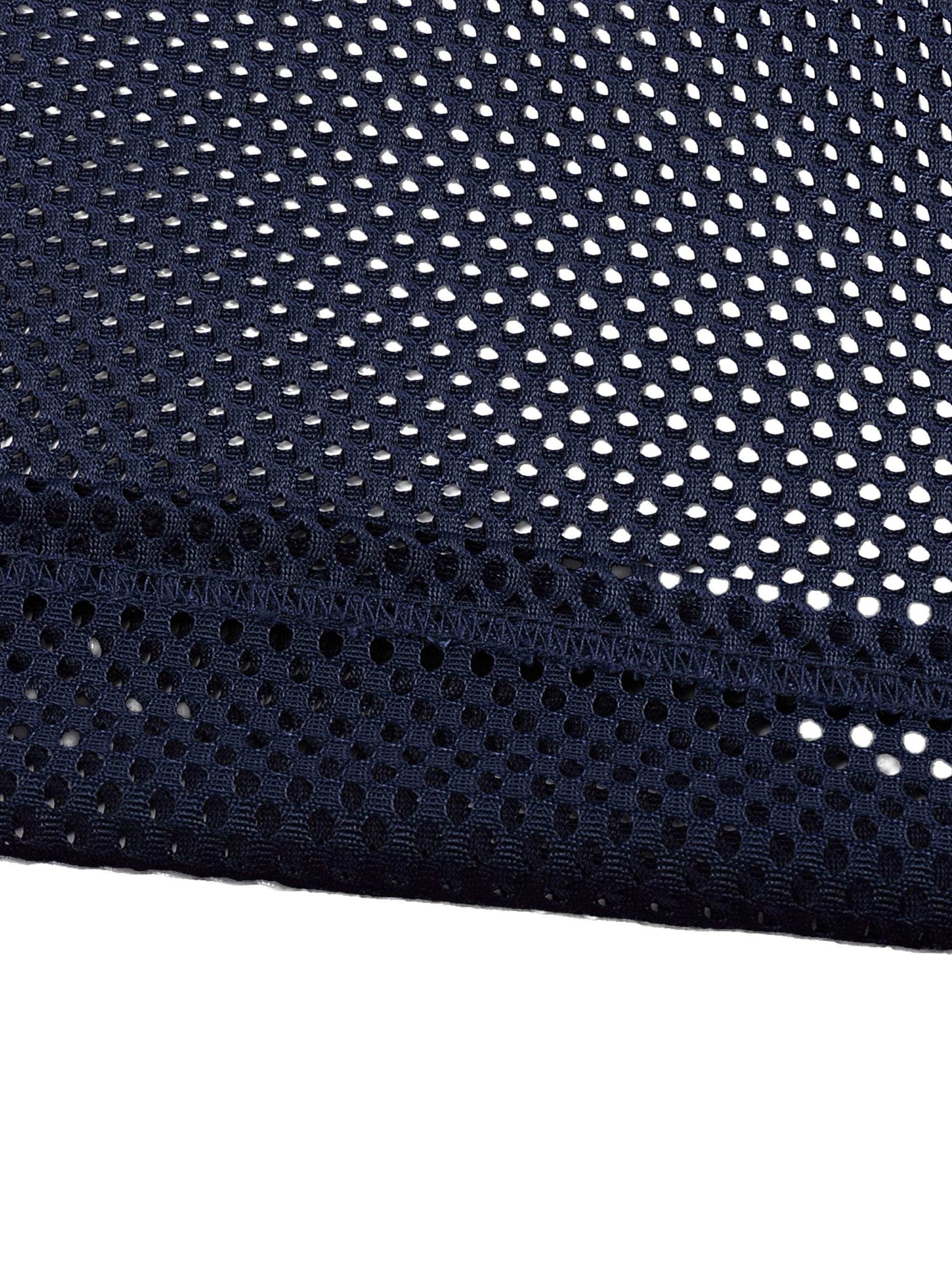 Fearless Apparel Line Taped Mesh Boxy T-shirt close-up of mesh fabric texture in blue.