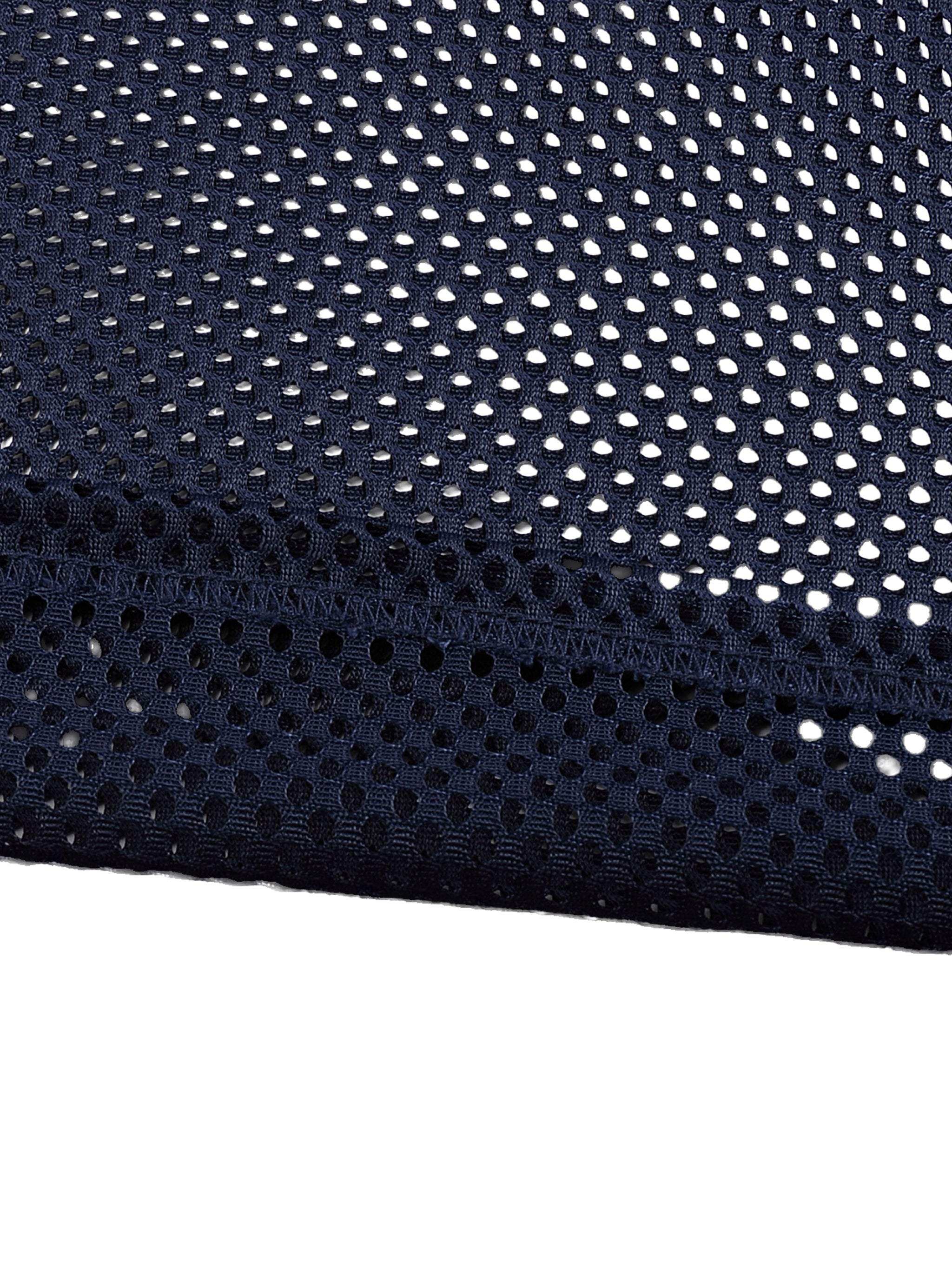 Fearless Apparel Line Taped Mesh Boxy T-shirt close-up of mesh fabric texture in blue.