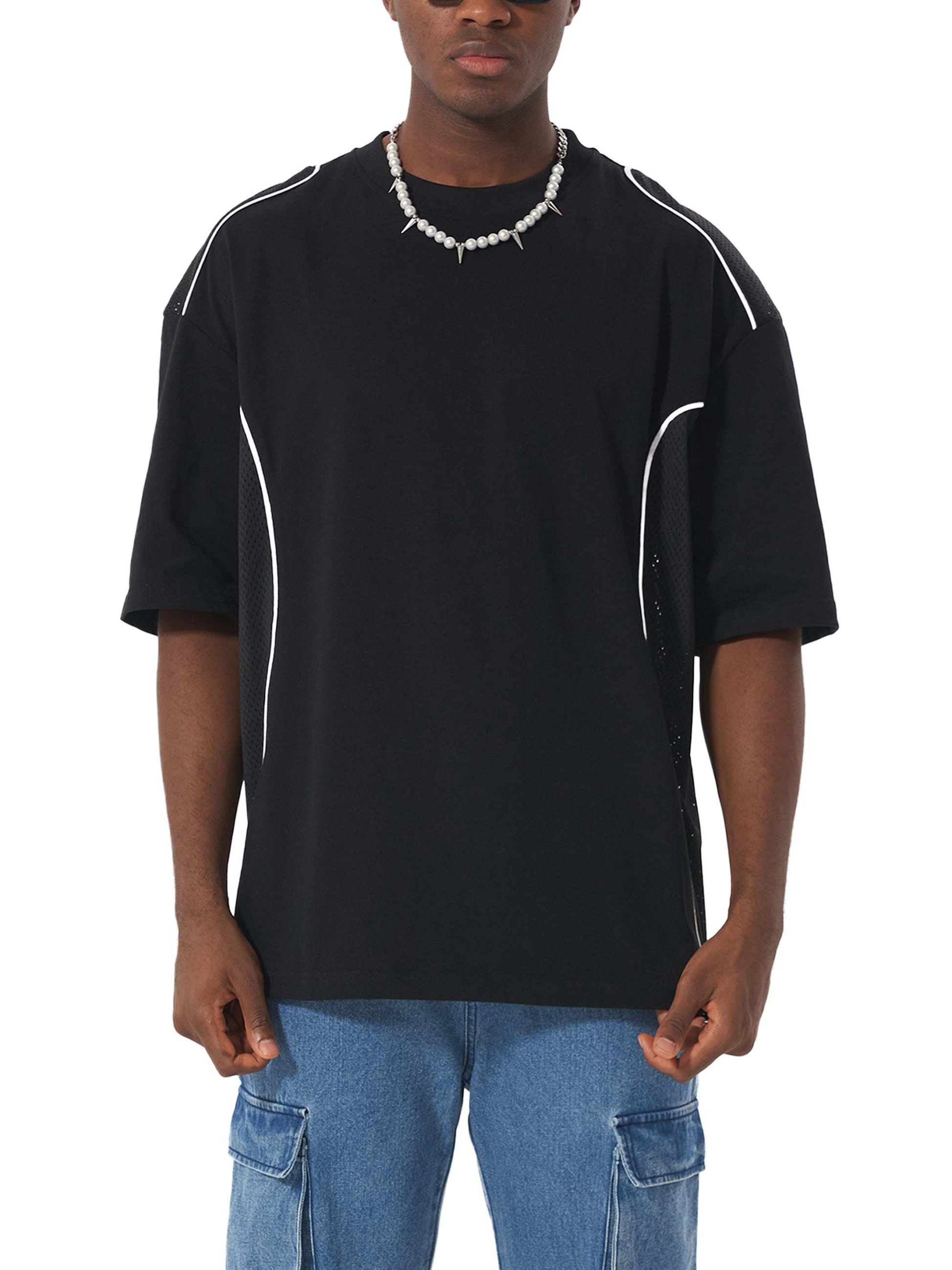 Unisex contrast piped panel t-shirt, black with white piping details, loose fit, round neck, half sleeve.