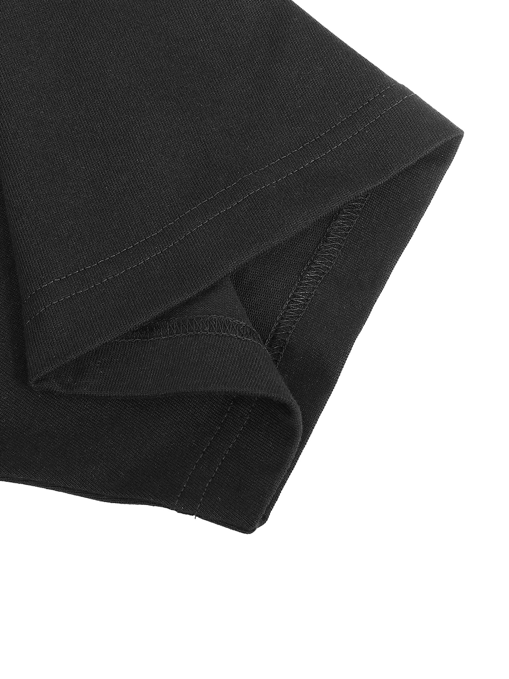 Close-up of the hem of a black Contrast Piped Panel T-Shirt, showcasing detailed stitching on cotton fabric.