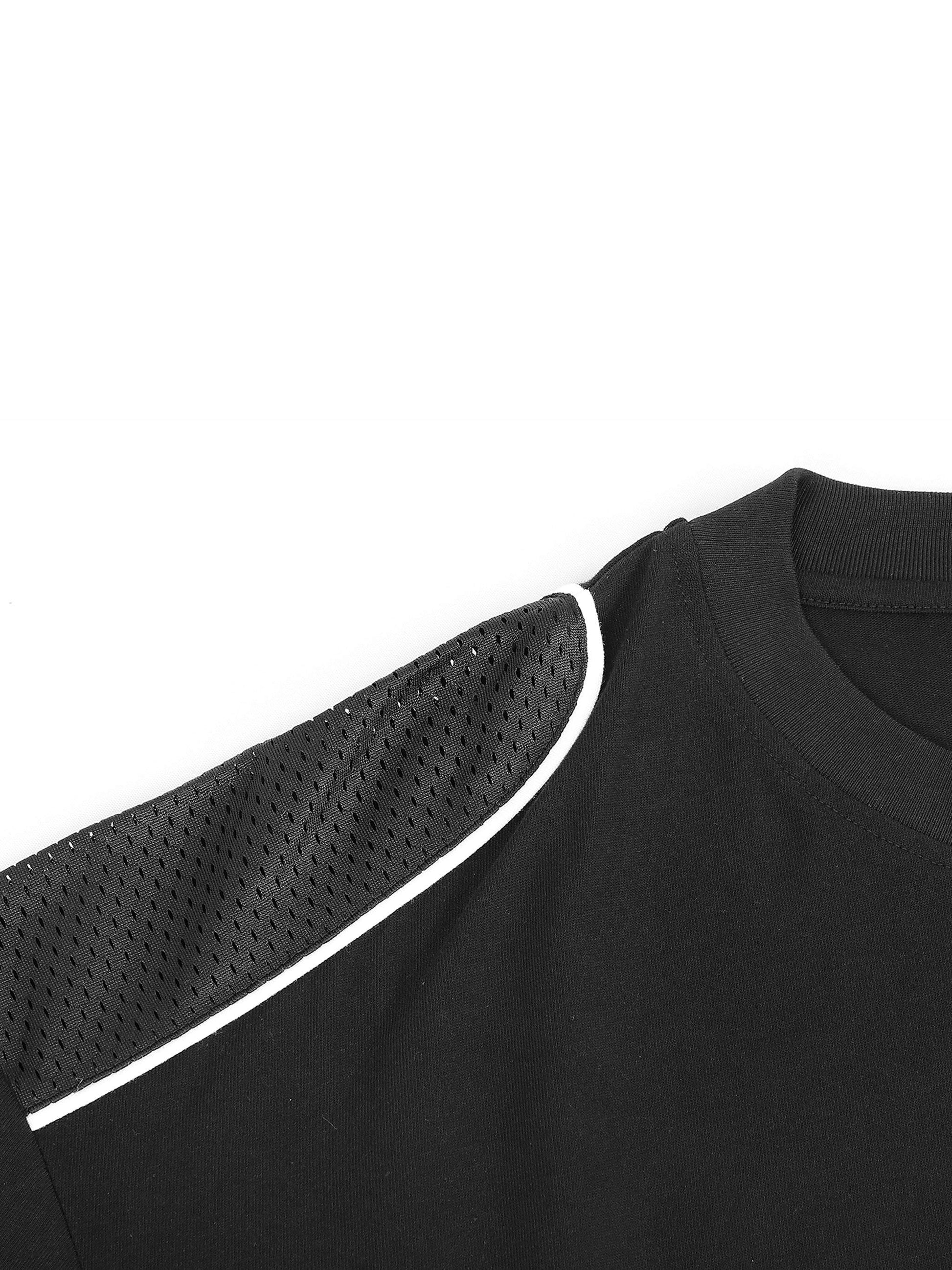 Unisex black T-shirt with contrast piped panel and round neck.