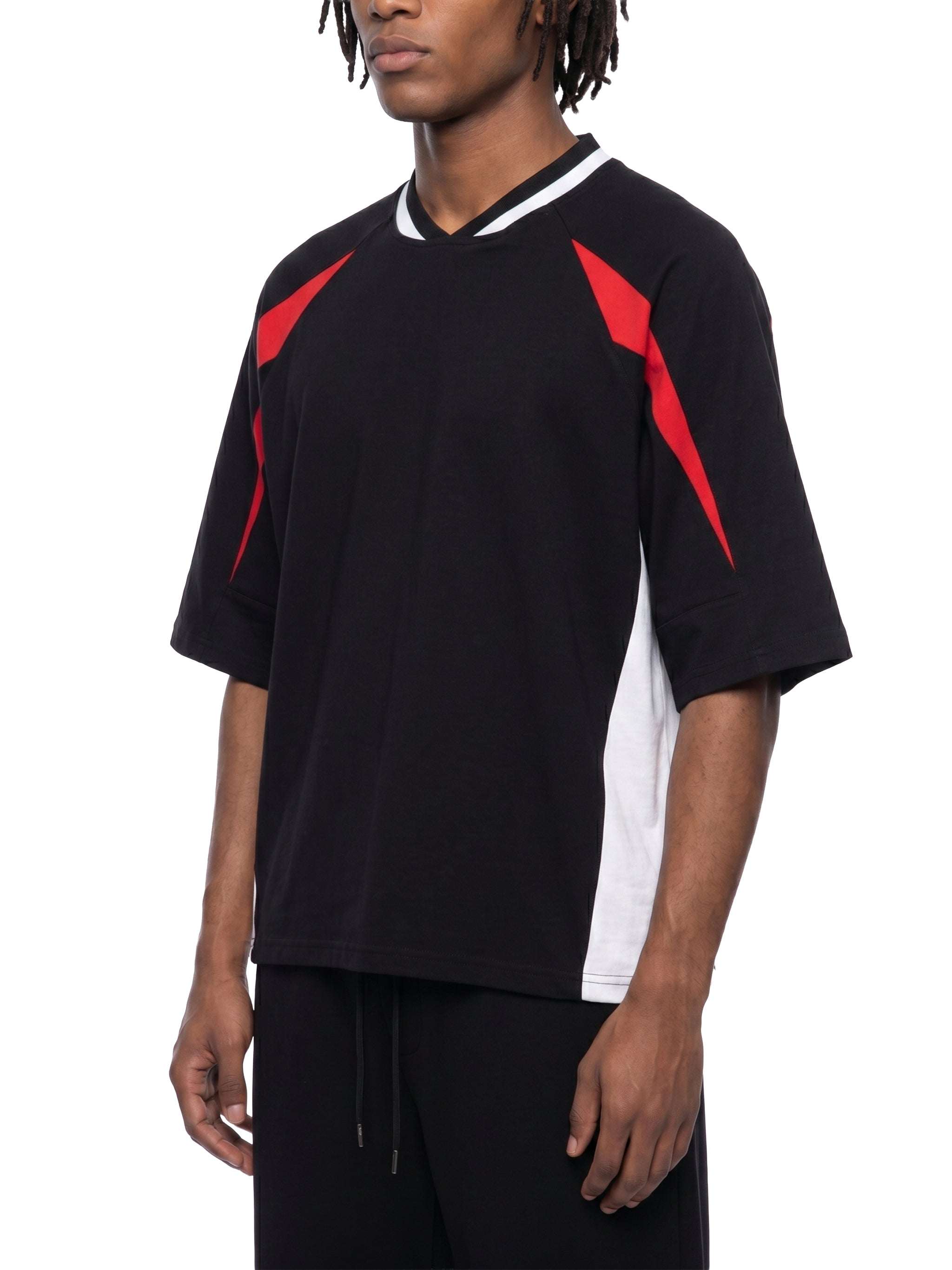 Unisex oversized color block V-neck t-shirt with raglan sleeves and premium cotton fabric for casual summer streetwear
